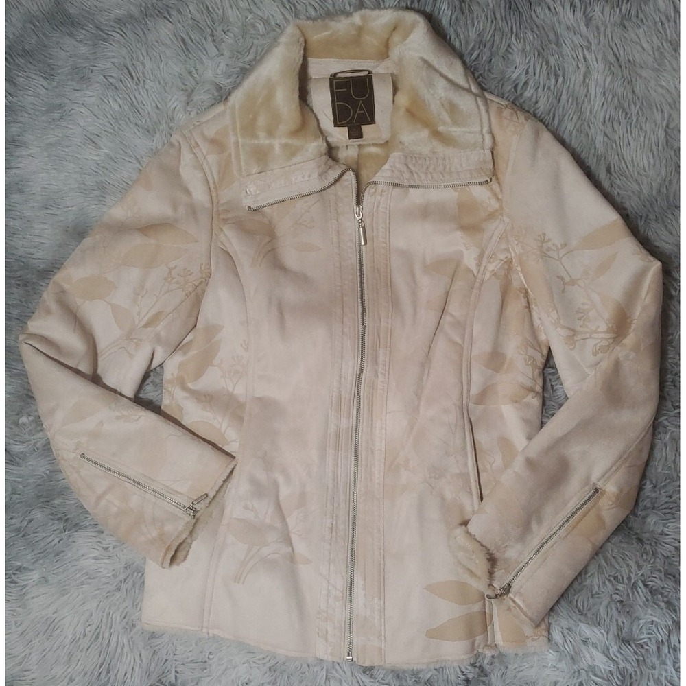 Fuda Faux Suede Faux Fur Full Zip Women's Jacket Size Medium Beige Embossed EUC